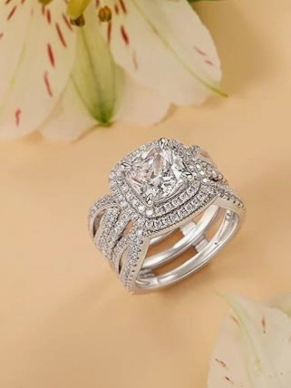 Jeulia 3.7CT Double Halo Insert Wedding Ring Set for Women Sterling Silver Round